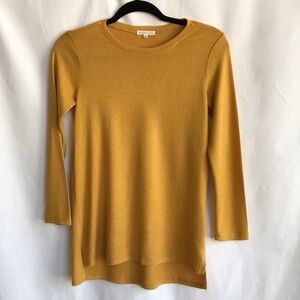 Copper Key mustard sweater with 3/4-length sleeves, longer in back, size L